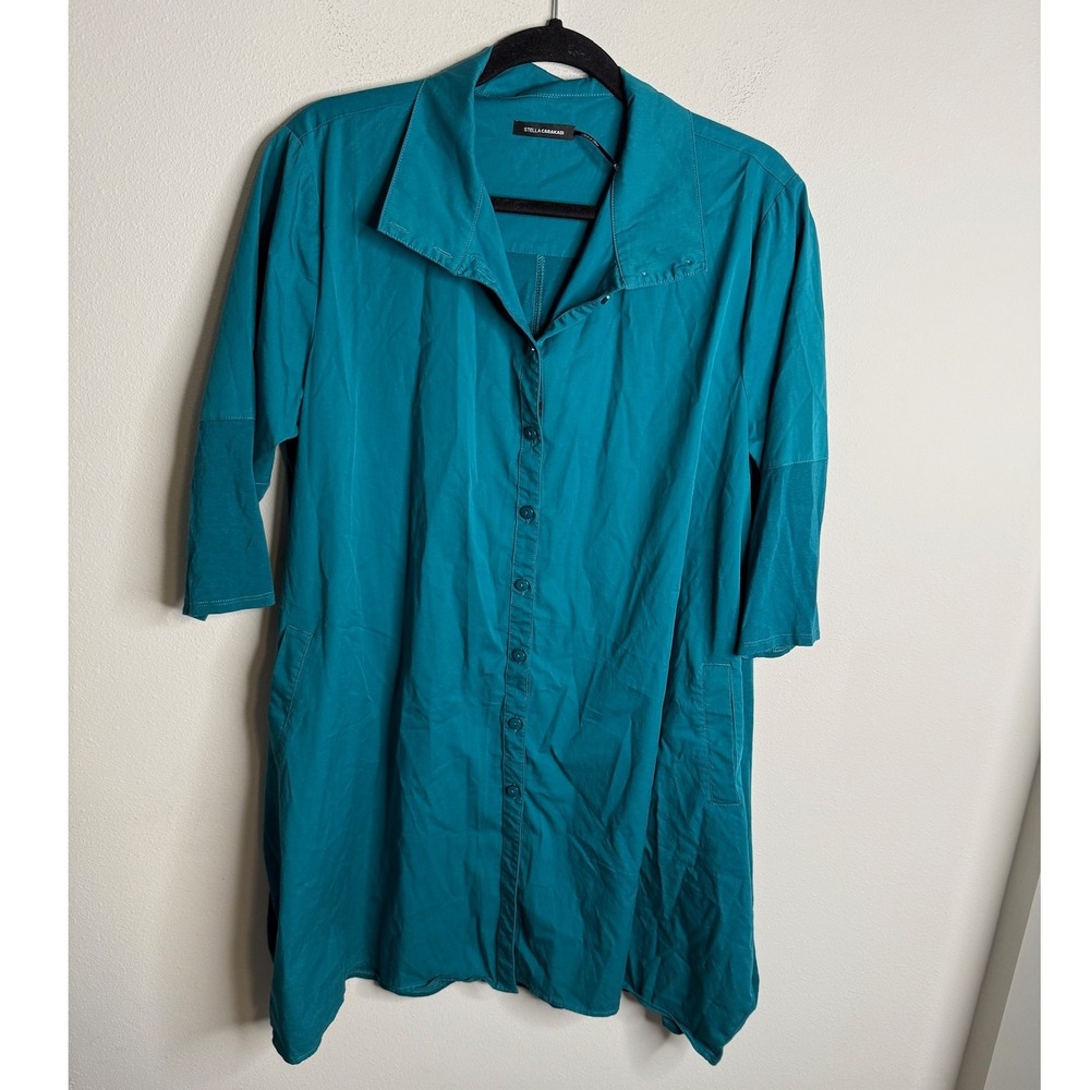STELLA CARAKASI Teal Collared Button Front Tunic Shirt Dress Size L‎